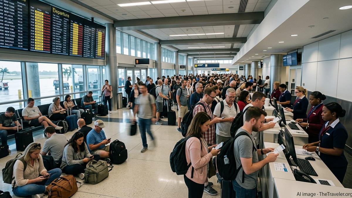 Crowded Fort Lauderdale airport terminal with stranded passengers waiting near gates and delay-filled departure boards.