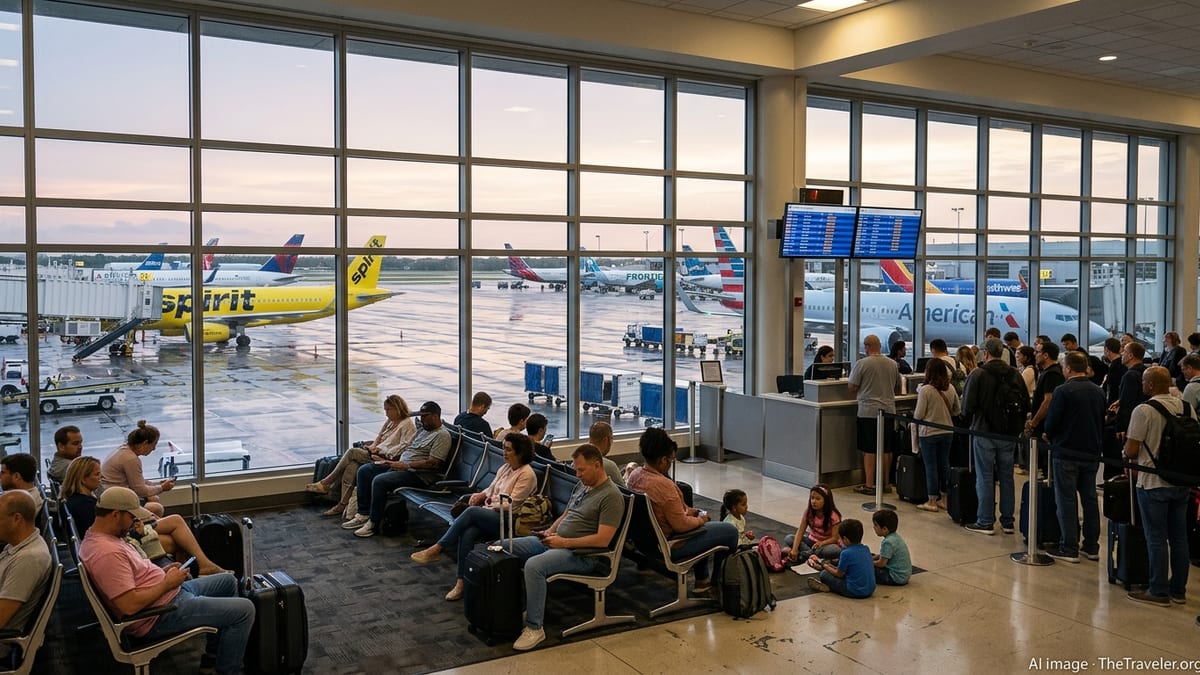Travelers wait in a crowded Fort Lauderdale airport terminal as multiple flights show delayed on departure boards.