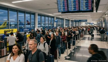 Crowded Fort Lauderdale airport terminal with long lines during widespread flight delays.