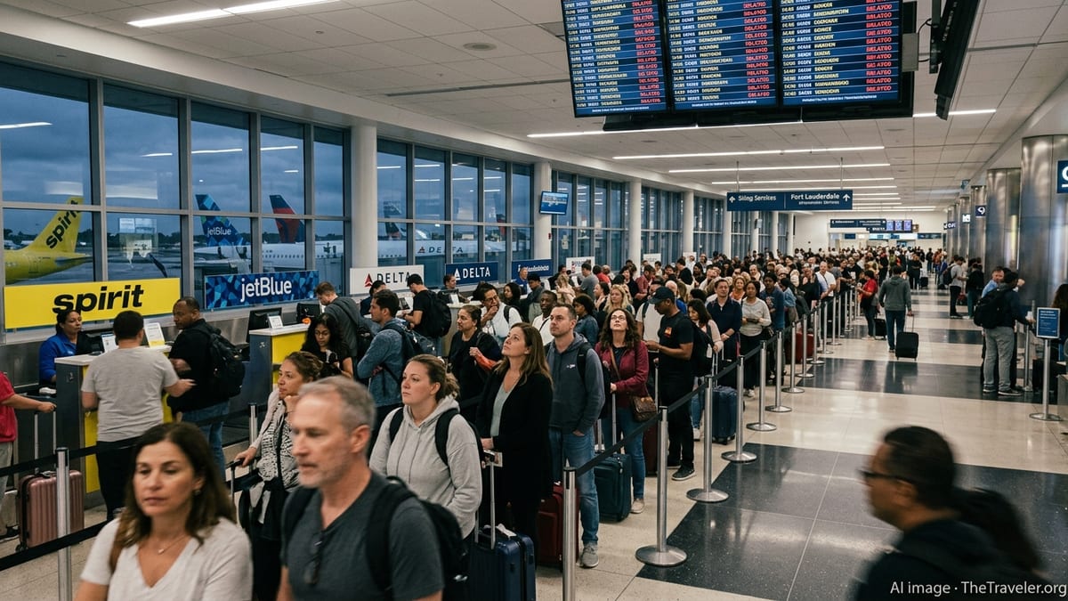 Crowded Fort Lauderdale airport terminal with long lines during widespread flight delays.