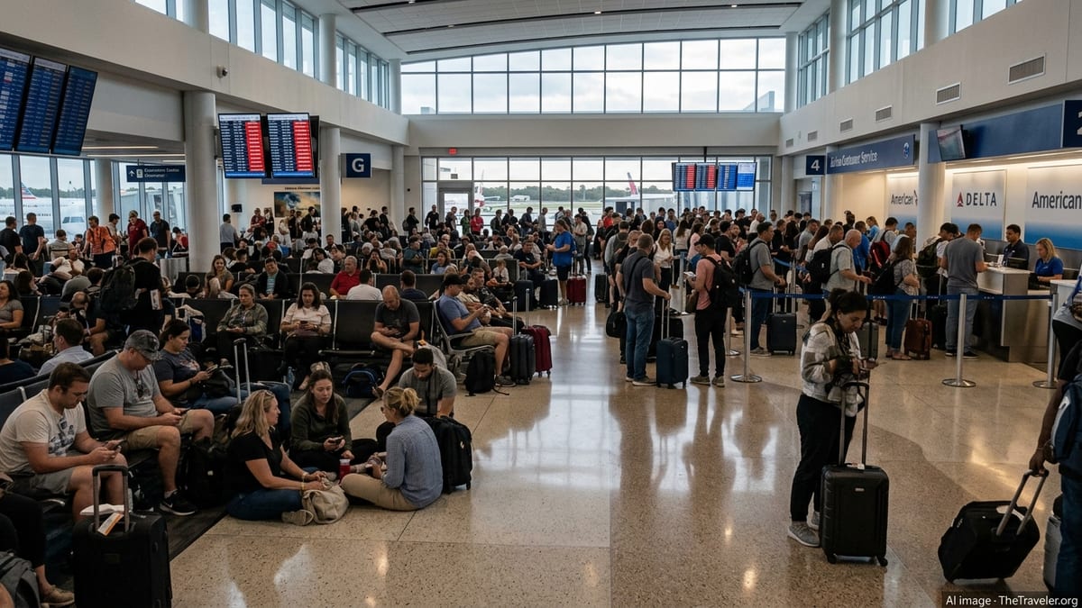 Crowded Fort Lauderdale airport terminal with stranded passengers and delayed flights on departure boards.