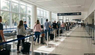 Travelers move through a relatively short TSA security line at Fort Lauderdale airport.