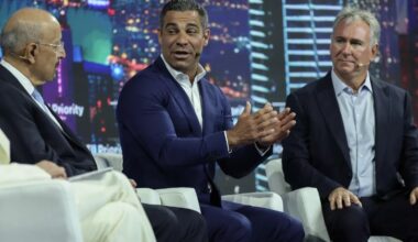 (L-R) H.E. Khalid bin Abdulaziz Al-Falih, Minister of Investment, Ministry of Investment of Saudi Arabia; Mayor Francis Suarez of Miami; and Kenneth C. Griffin, Founder & CEO, Citadel, sit on a panel together during the second day of the FII PRIORITY Summit held at the Faena Hotel on February 20, 2025, in Miami Beach