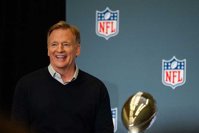 Super Bowl LX - Press conference Roger Goodell dpatop - 02 February 2026, USA, San Jose: American Football: Professional league NFL, NFL boss Roger Goodell speaks at a press conference before Super Bowl LX between the Seattle Seahawks and the New England Patriots. Photo: Maximilian Haupt/dpa (Photo by Maximilian Haupt/picture alliance via Getty Images)