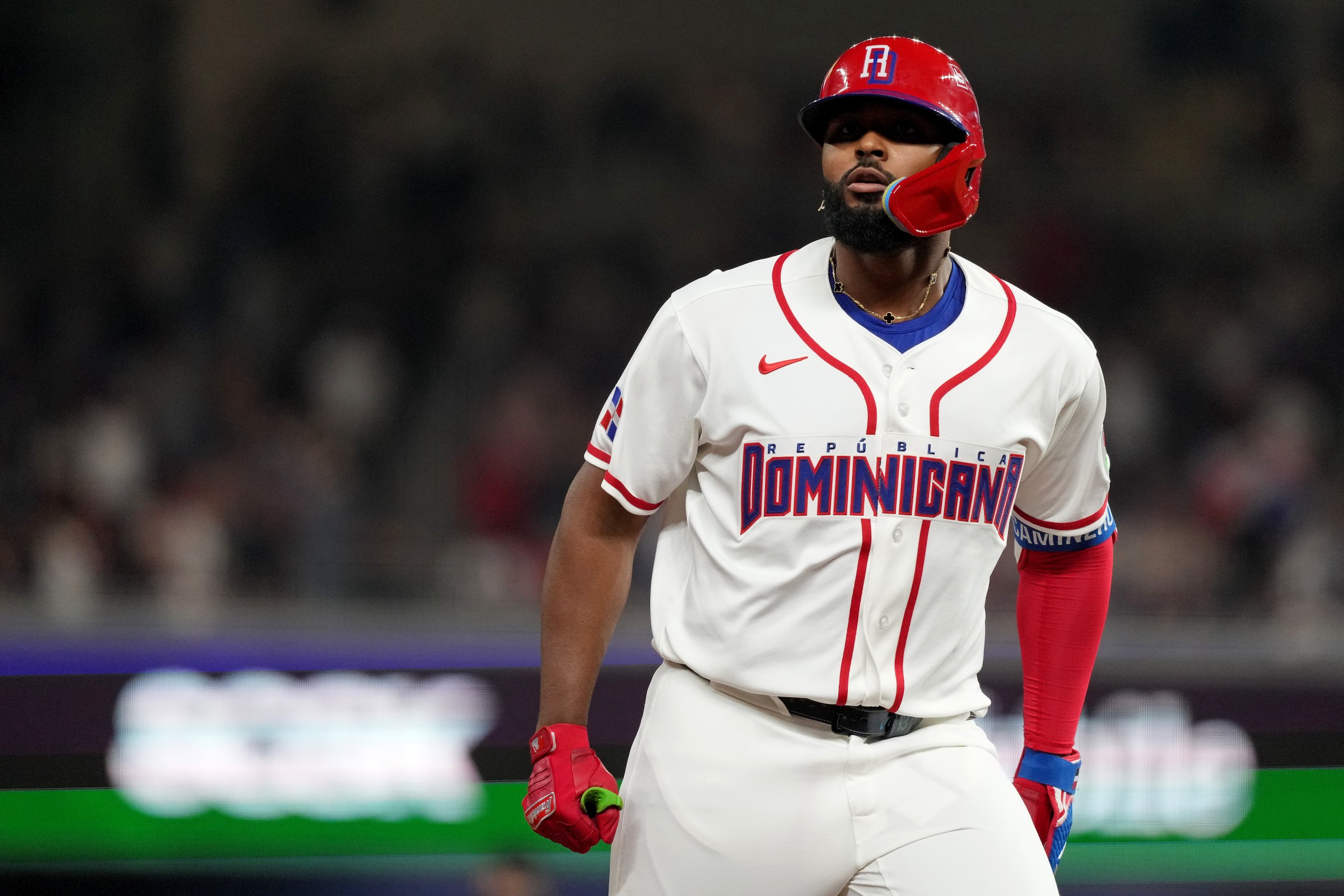 MIAMI, FL - MARCH 15: Junior Caminero #13 of the Dominican Republic reacts to a home run during the 2026 World Baseball Classic WBC game presented by Capital One between Team USA and Team Dominican Republic at loanDepot park on Sunday, March 15, 2026 in Miami, Florida. (Photo by Mary DeCicco/WBCI/MLB Photos via Getty Images)