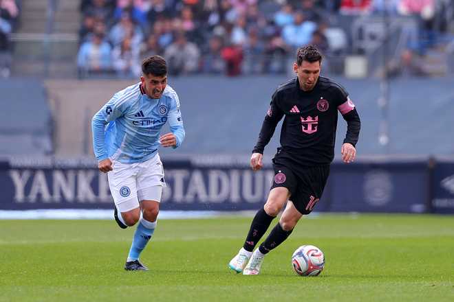 NEW YORK, NEW YORK - MARCH 22: Lionel Messi #10 of Inter Miami CF controls the ball whilst under pressure from Nicolas Fernandez #7 of New York City FC during the MLS match between New York City FC and Inter Miami CF at Yankee Stadium on March 22, 2026 in New York, New York. (Photo by Jordan Bank/Getty Images)