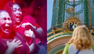 split image. on the left: guests screaming at halloween horror nights. on the right: entrance to epic universe