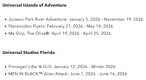 Closure calendar for Universal Islands of Adventure and Universal Studios Florida