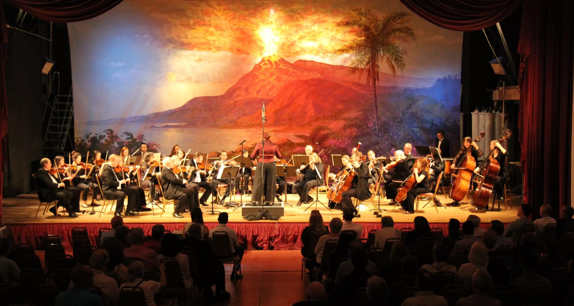 Photo of an orchestra playing in front of palm trees