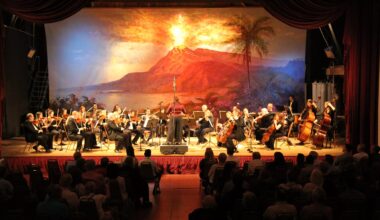 Photo of an orchestra playing in front of palm trees