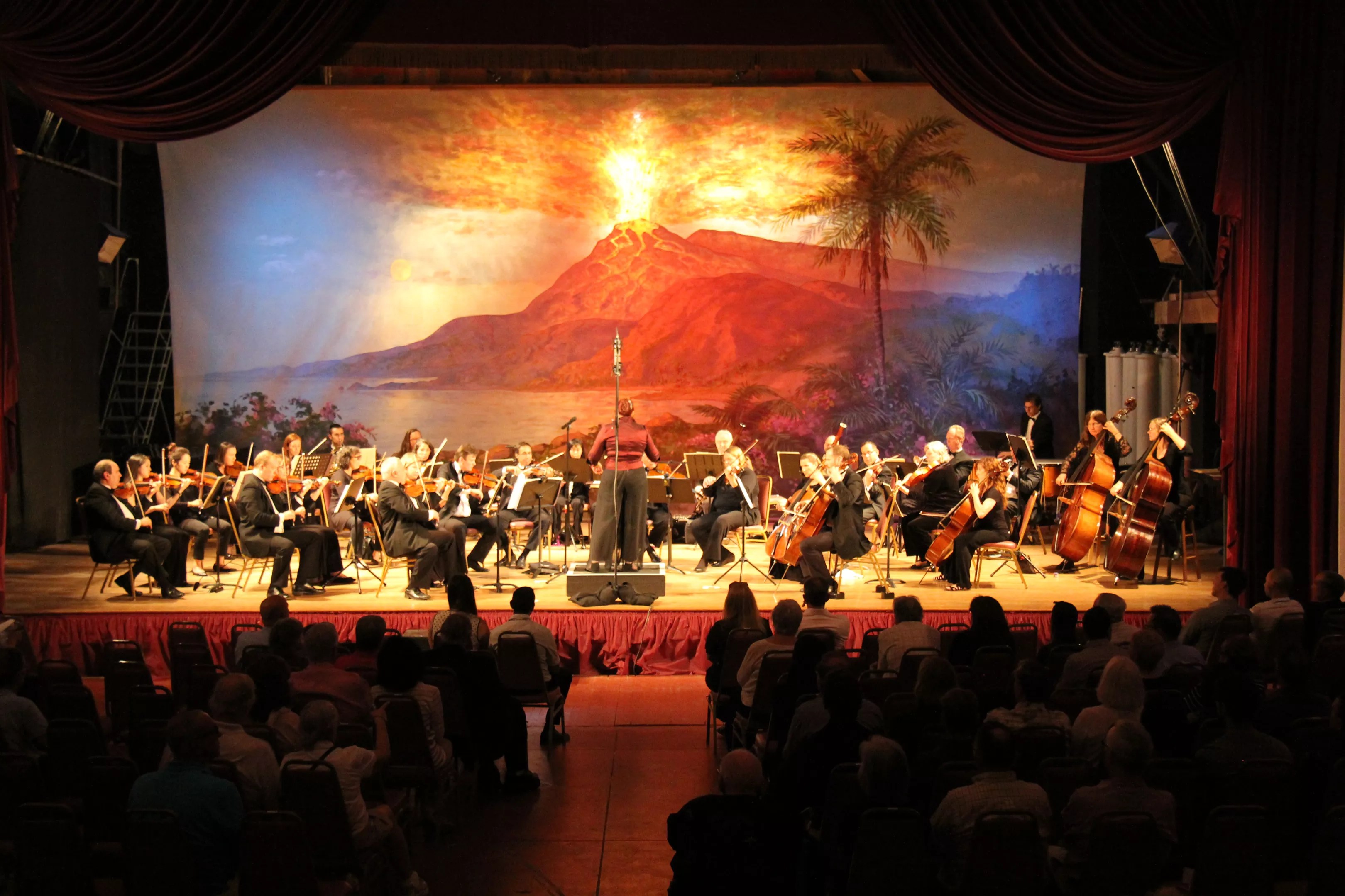 Photo of an orchestra playing in front of palm trees