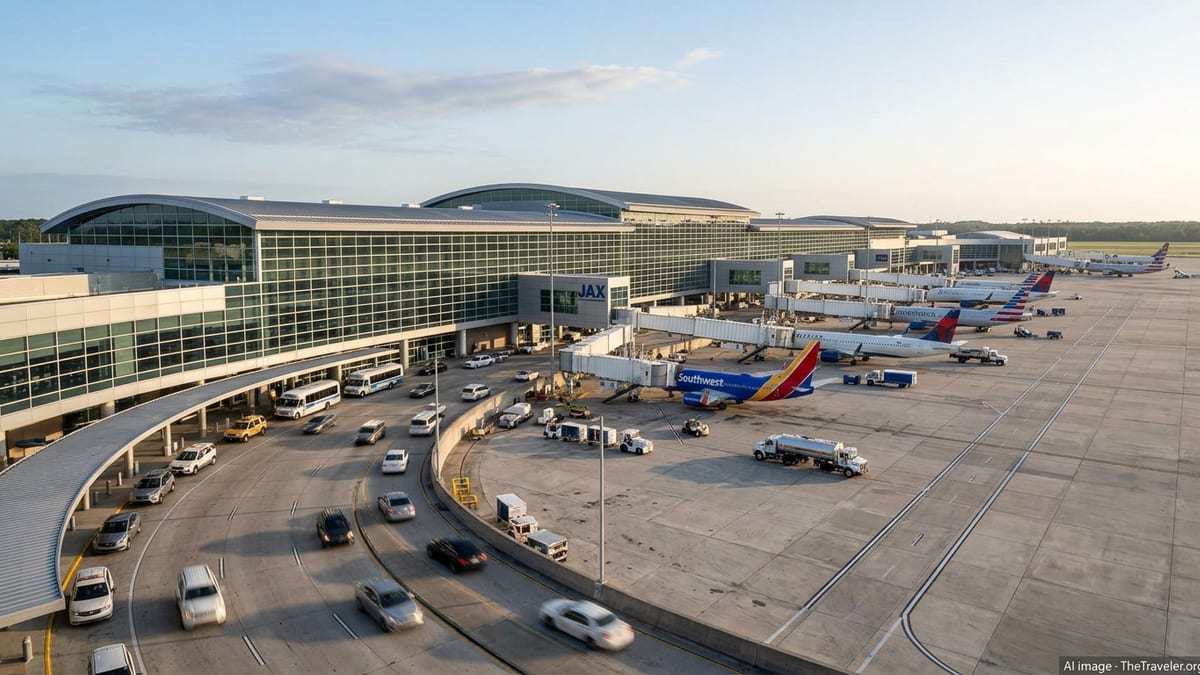 Exterior of Jacksonville International Airport terminal with planes and traffic on a clear morning.