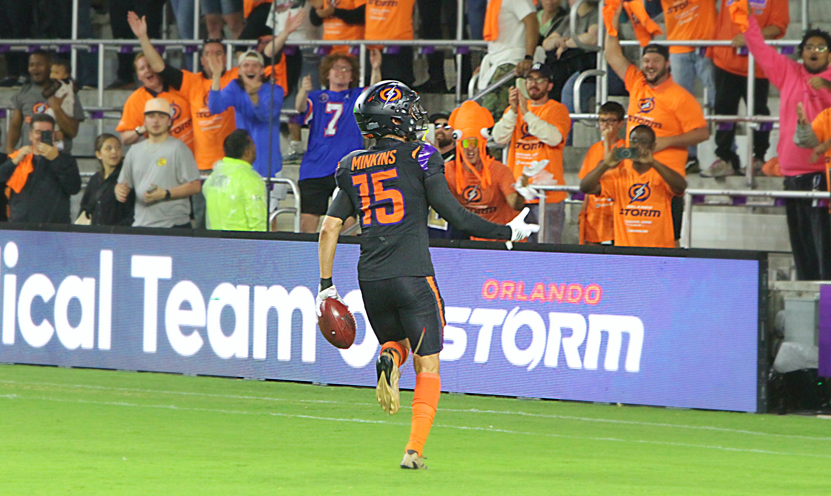 Orlando Storm safety Josh Minkins celebrates his fumble recovery on...