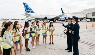Girls listen to female JetBlue pilots in front of an Airbus jet at Fort Lauderdale airport.