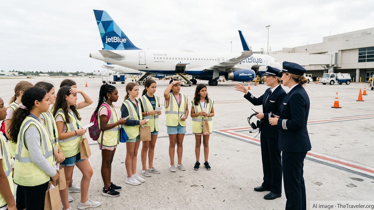 Girls listen to female JetBlue pilots in front of an Airbus jet at Fort Lauderdale airport.