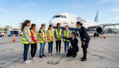 Young girls in safety vests tour a JetBlue Airbus with female crew on the Fort Lauderdale airport ramp.