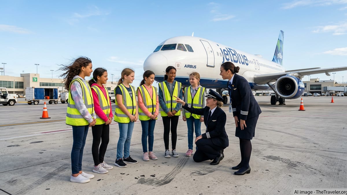Young girls in safety vests tour a JetBlue Airbus with female crew on the Fort Lauderdale airport ramp.