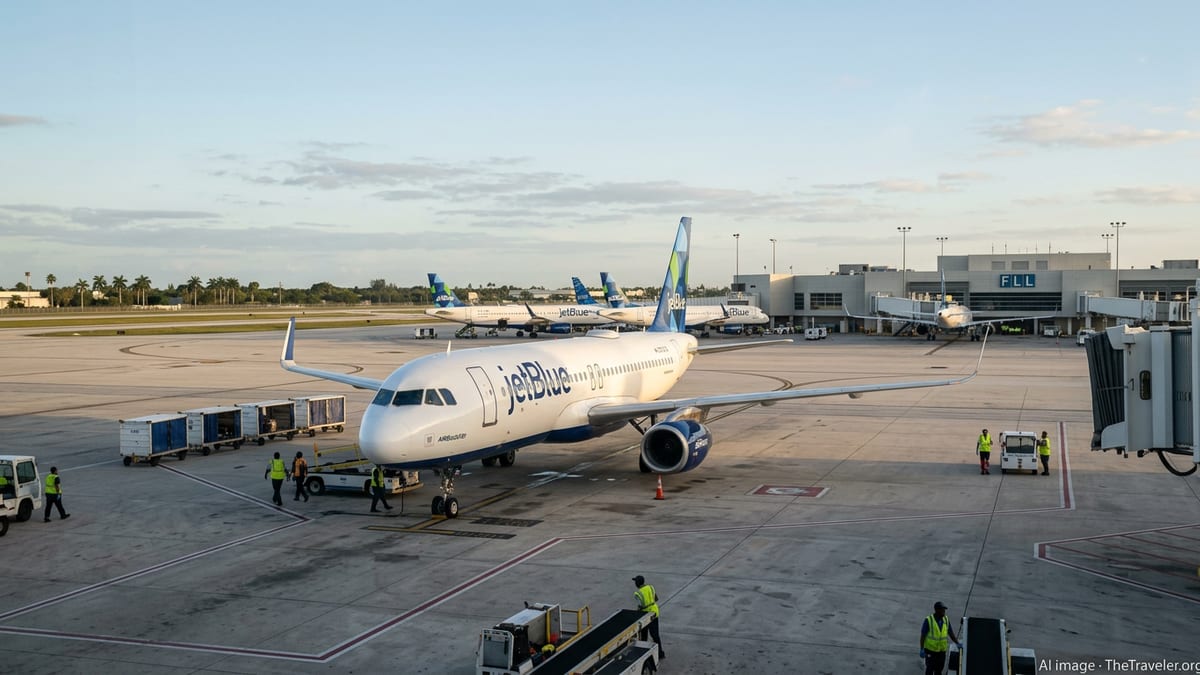 JetBlue aircraft on the tarmac at Fort Lauderdale-Hollywood International Airport at sunrise.