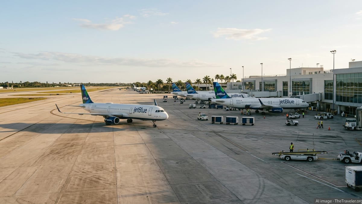 JetBlue aircraft lined up at Fort Lauderdale airport gates on a sunny afternoon.
