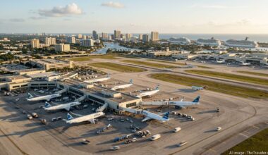 Aerial view of JetBlue aircraft lined up at Fort Lauderdale airport with city and ocean beyond.