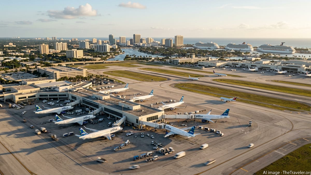 Aerial view of JetBlue aircraft lined up at Fort Lauderdale airport with city and ocean beyond.