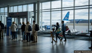 Travelers at Worcester Regional Airport boarding a JetBlue flight to Florida on a clear spring morning.