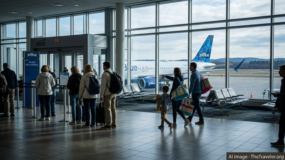 Travelers at Worcester Regional Airport boarding a JetBlue flight to Florida on a clear spring morning.