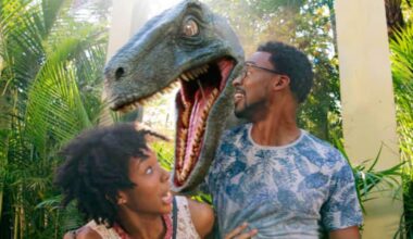 guests at Universal's Raptor Encounter inside Islands of Adventure's Jurassic Park area