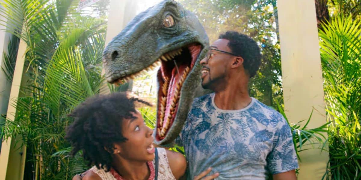 guests at Universal's Raptor Encounter inside Islands of Adventure's Jurassic Park area