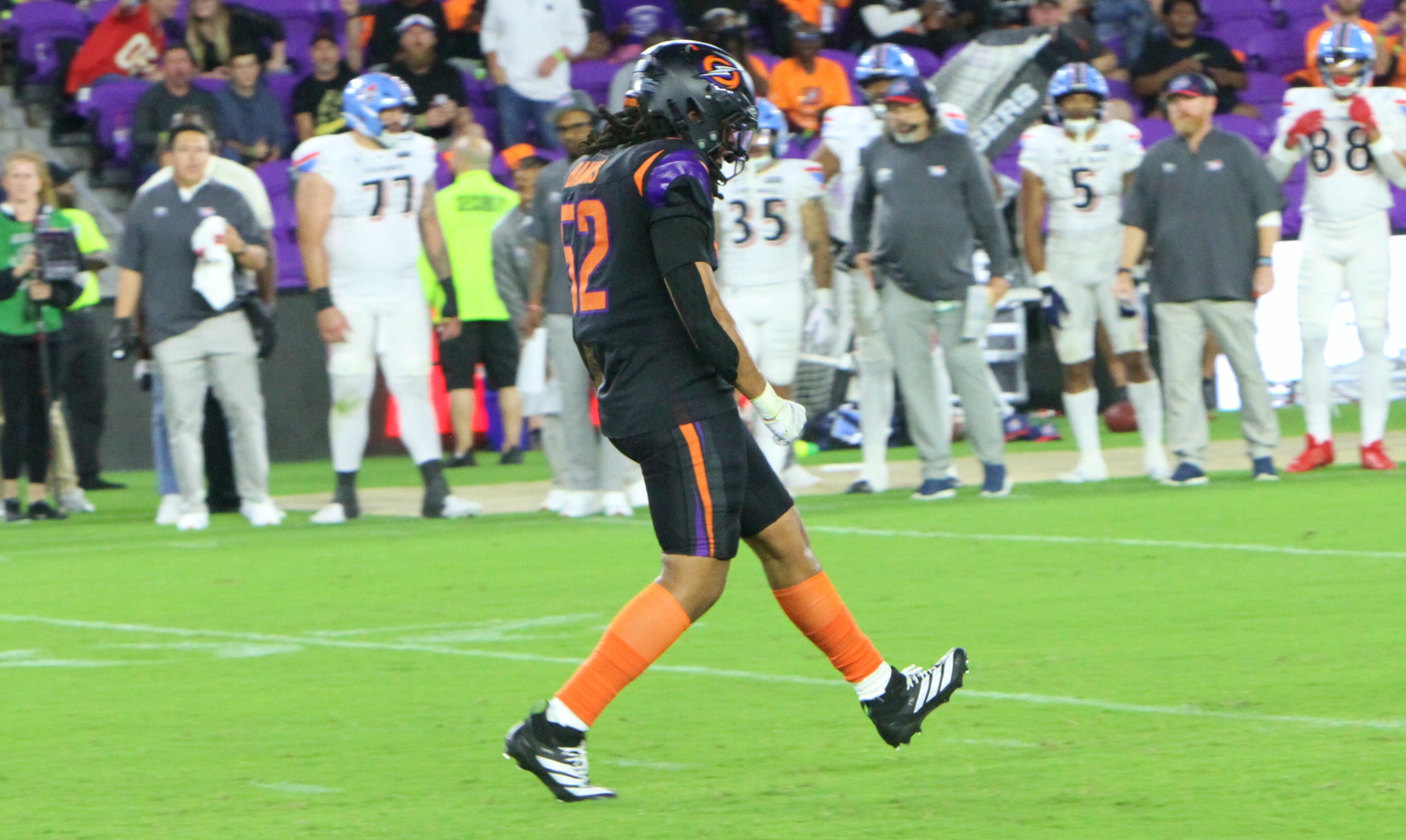 Orlando Storm defensive end Keshawn Banks celebrates after swatting down...
