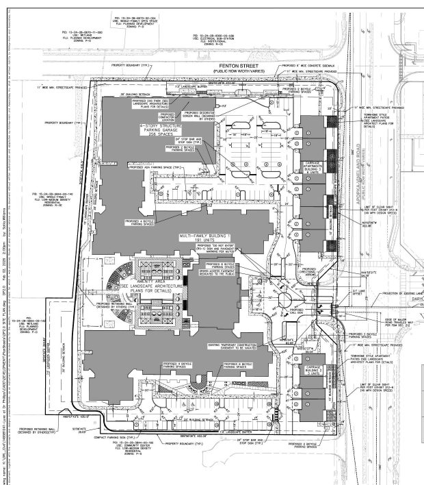 The current plans for The Luxe at Dr. Phillips were filed with the county in early February and include numerous changes from ones submitted to the county in 2023. The original plans included a penthouse unit and more townhouses. (Site plan by Kimley-Horn)