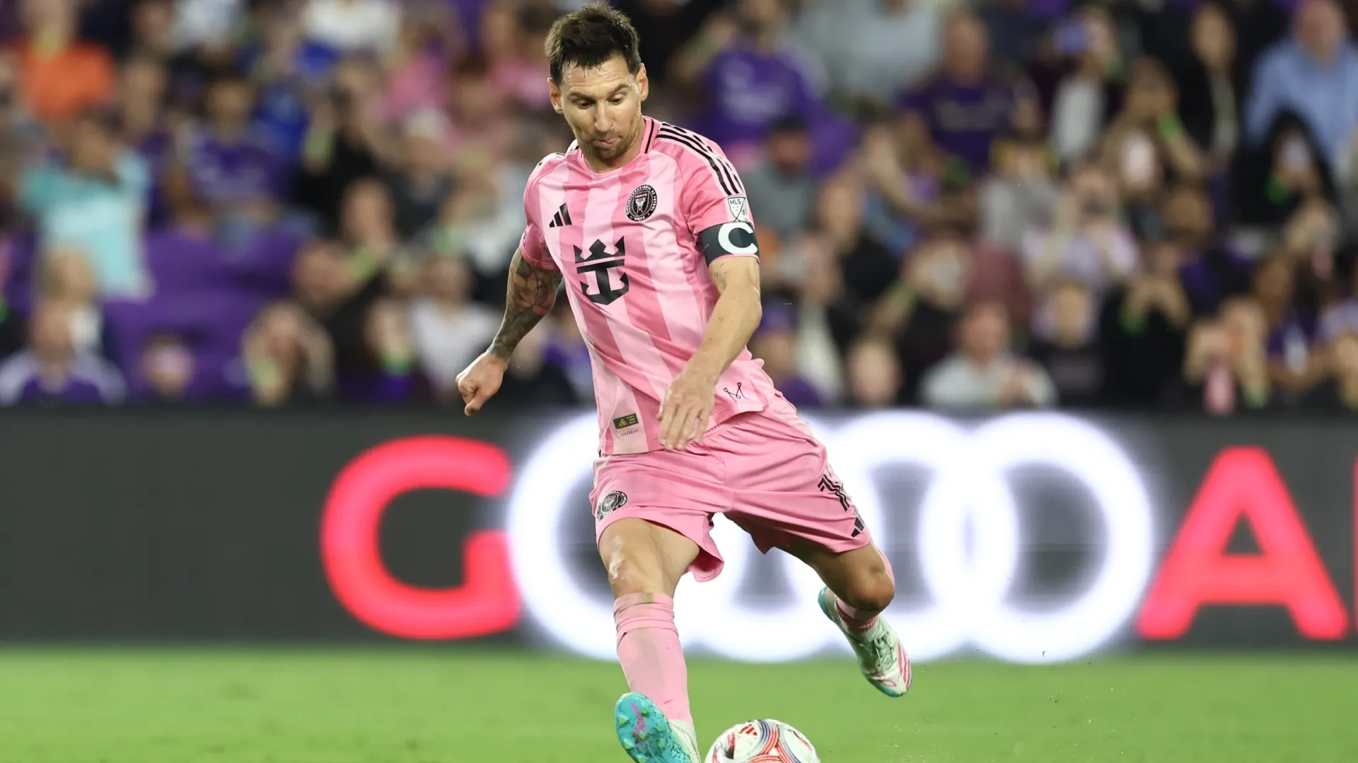 Lionel Messi #10 of Inter Miami CF scores a free kick against Orlando City SC.