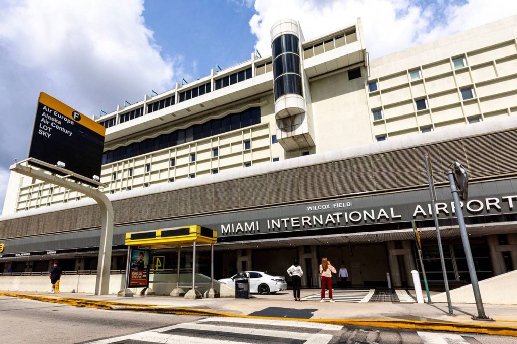 Exterior view of Miami International Airport and Hotel showing the departure gates.