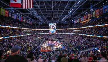Fans fill Amalie Arena in Tampa during the NCAA Women’s Final Four basketball championship.