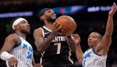 Atlanta Hawks guard Nickeil Alexander-Walker (7) shoots against Orlando Magic guard Desmond Bane (3) during the first half of an NBA basketball game, Monday, March 16, 2026, in Atlanta. (AP Photo/Mike Stewart)