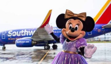 Minnie Mouse in a purple dress waves on the wet tarmac as a Southwest plane arrives, greeting Disney World guests with magic.