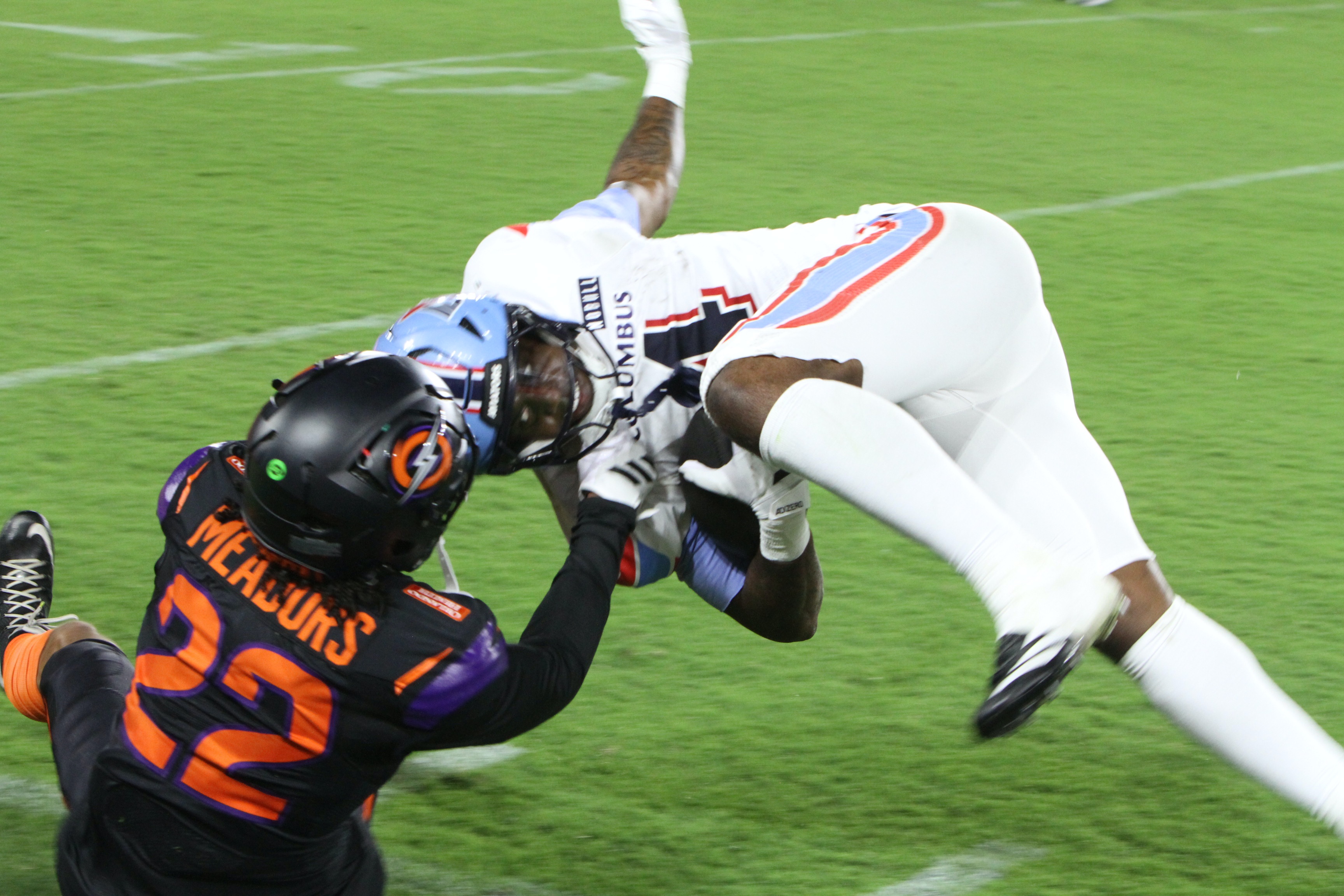 Orlando Storm safety Nate Meadors tackles Columbus receiver ZaQuandre White...