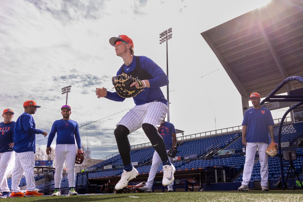 Brett Baty works on drills before a game against the Washington Nationals during Spring Training Clover Field, Saturday, Feb. 28, 2026, in Port St. Lucie, FL. 