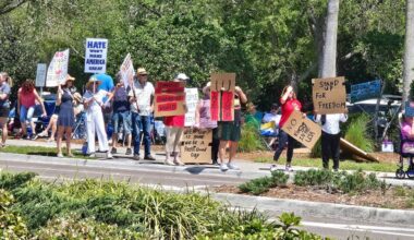Demonstrators rally at Brandon Parkway and Lumsden Road for a "No Kings" protest on Saturday. (Spectrum News)