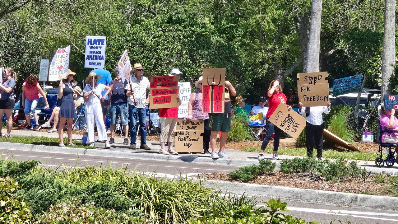 Demonstrators rally at Brandon Parkway and Lumsden Road for a "No Kings" protest on Saturday. (Spectrum News)
