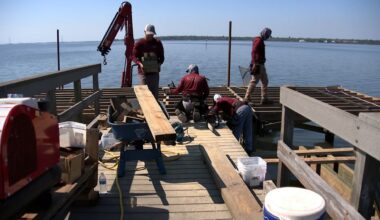 Crews are installing a new frame and deck at the pier in R.E. Olds Park in Oldsmar. The end of the pier was damaged in the 2024 hurricane season. (Spectrum News/Eugene Buenaventura)