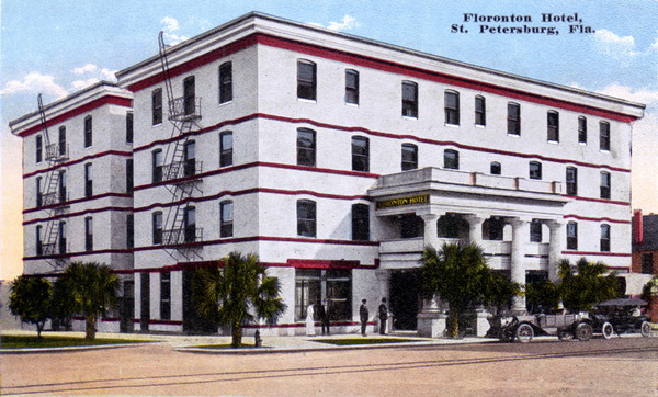 Vintage color postcard of the Floronton Hotel in Saint Petersburg, Florida, featuring early 20th-century architecture and classic automobiles parked out front.