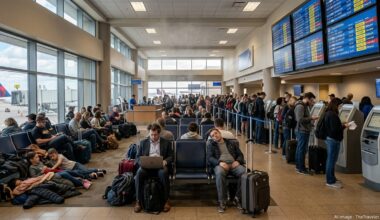 Crowded Phoenix Sky Harbor terminal with weary passengers and departure boards showing multiple delayed and canceled flights.