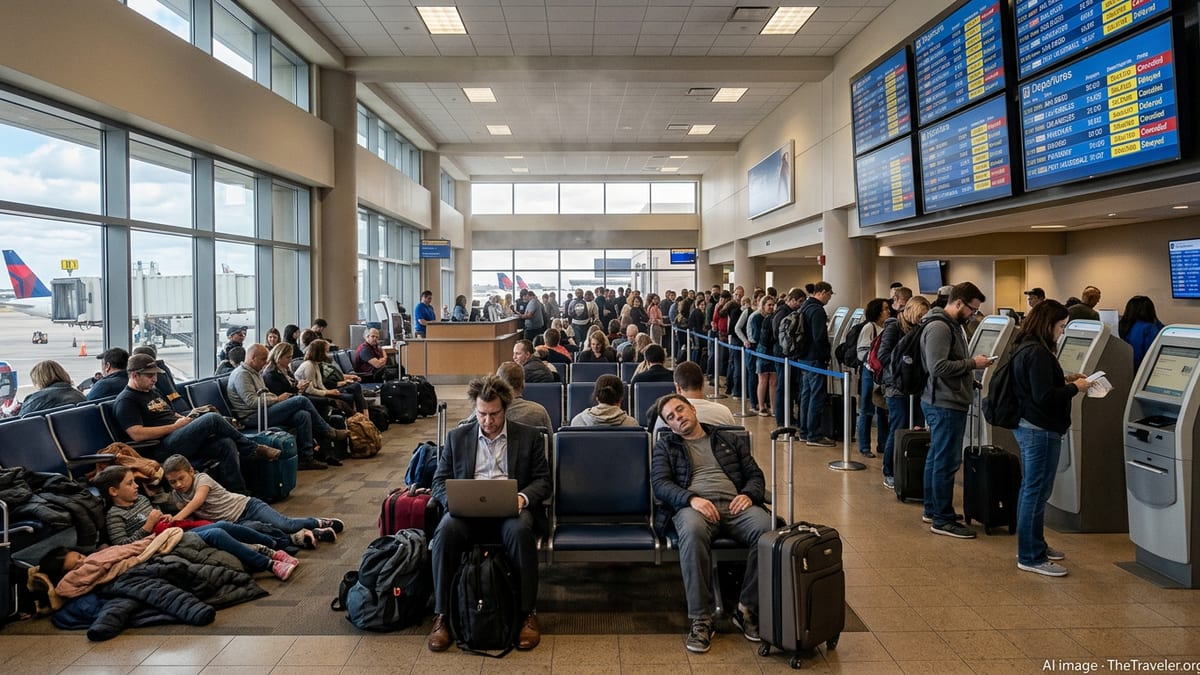 Crowded Phoenix Sky Harbor terminal with weary passengers and departure boards showing multiple delayed and canceled flights.