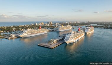 Aerial view of multiple cruise ships docked at Port Everglades in Fort Lauderdale at sunset.