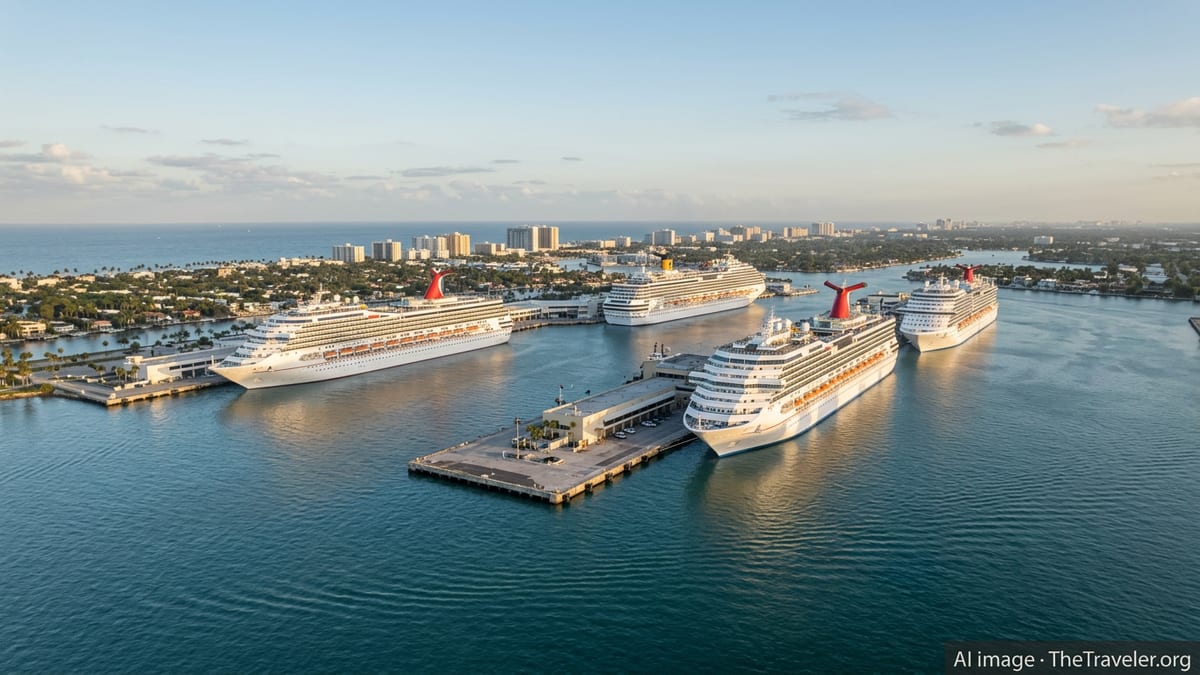 Aerial view of multiple cruise ships docked at Port Everglades in Fort Lauderdale at sunset.