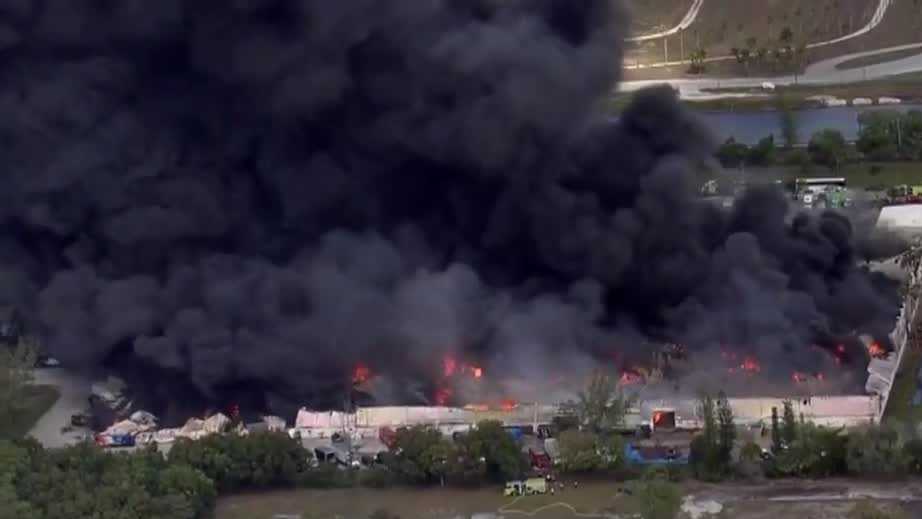 Chopper video shows massive warehouse fire in northwest Miami-Dade
