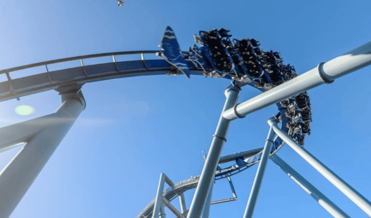 Guests riding Manta, a high-speed roller coaster at SeaWorld Orlando