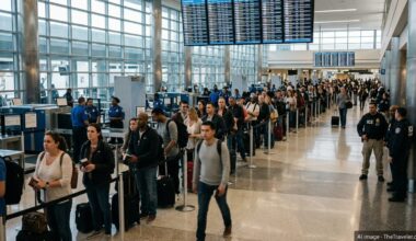 Crowded security lines at Miami airport during a shutdown with visible ICE and TSA officers.