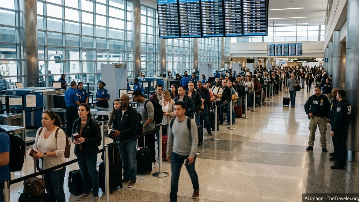 Crowded security lines at Miami airport during a shutdown with visible ICE and TSA officers.